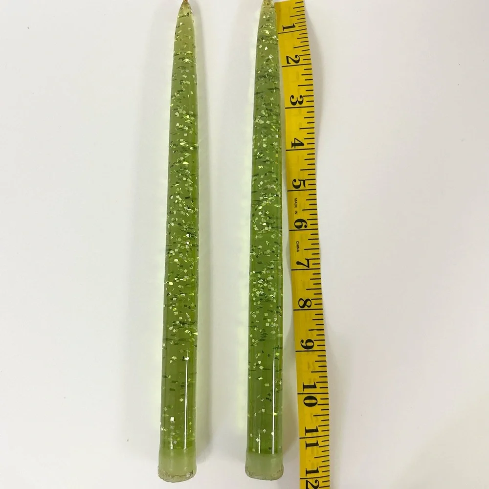 PAIR MID CENTURY MODERN LUCITE CANDLES Avocado Green Gold Wick Flecks 12” 1950’s - Picture 3 of 4